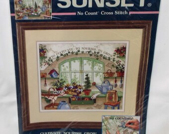 Sunset No Count Cross stitch kit, Needlepoint, country lane, 14 count Ivory aida, 12" x 10", sewing gift, point de croix, design Amy Piccard
