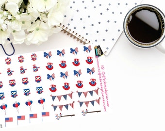 Planner Stickers |Patriotic Owl Stickers| 4th of July Stickers|Memorial Day Stickers|Patriotic Stickers| Decorative Stickers| D018