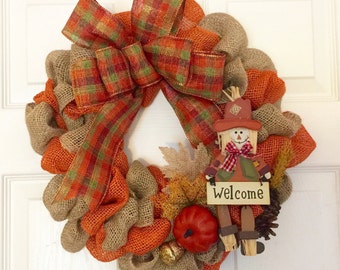 Fall Burlap Wreath, Mini Fall Wreath, Thanksgiving Door Hanger, Scarecrow Decor, Thanksgiving Burlap Wreath, Fall Decor, Fall Window Wreath
