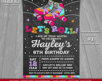 Roller Skating Invitation - Roller Skate Party Invitation - Roller Derby Chalkboard Party Invitation girl boy - Printable Digital File