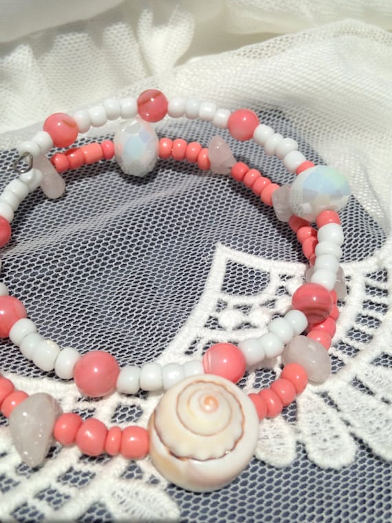Items similar to Pink coral Ocean themed memory wire bracelet, boho ...