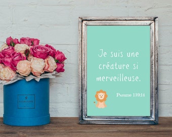 Affiche A4 avec Verset Biblique Psaume 139:14 Déco chambre enfant