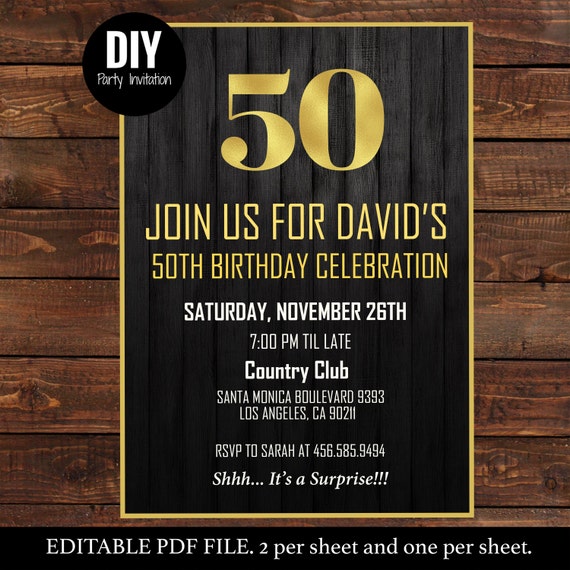 Printable Black & Gold 50th Male Birthday Invitations | 50th birthday