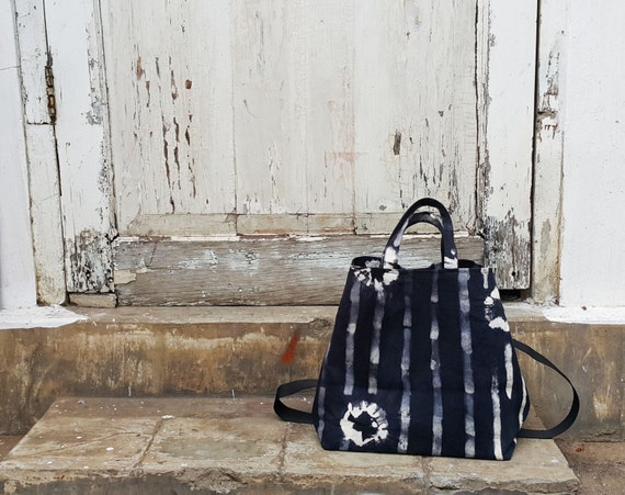 Nero Fiore Trocadero - black and white flowers and stripe cotton denim bucket bag by Canzone