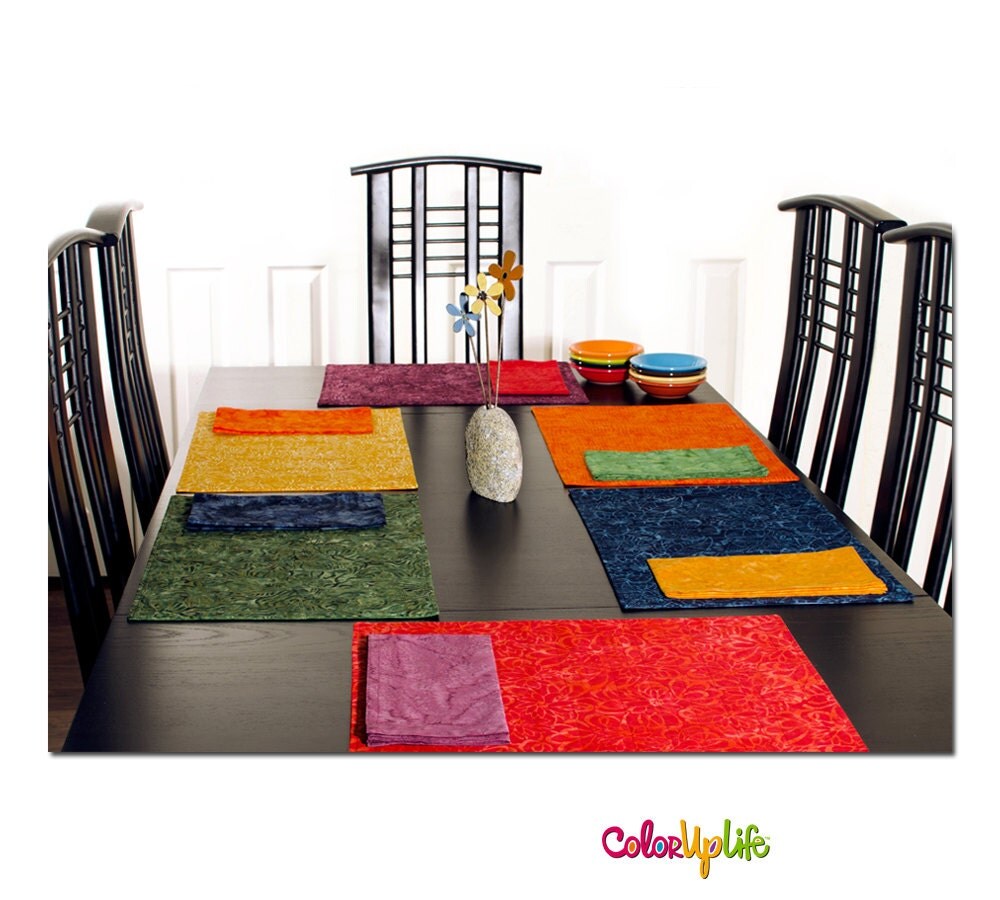 Mix and Match Batik Fabric Placemats Set of 6 Table Linens
