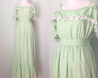 1970s Green Flocked Polka Dot Dress | 70s Light Green Off the Shoulder Maxi Dress | Vintage Retro Full Length Dress with Ruffle Lace Trim