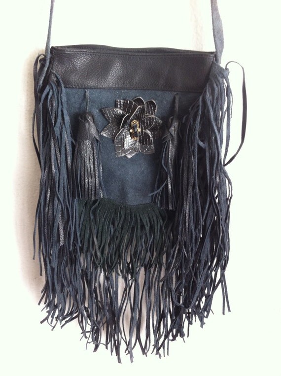 Black leather bag small bag with a fringe on a long strap a