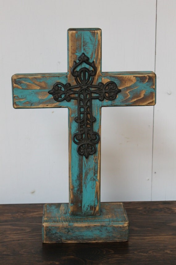 Handmade Rustic Cross Pine Wood Iron Cross Attached Hand