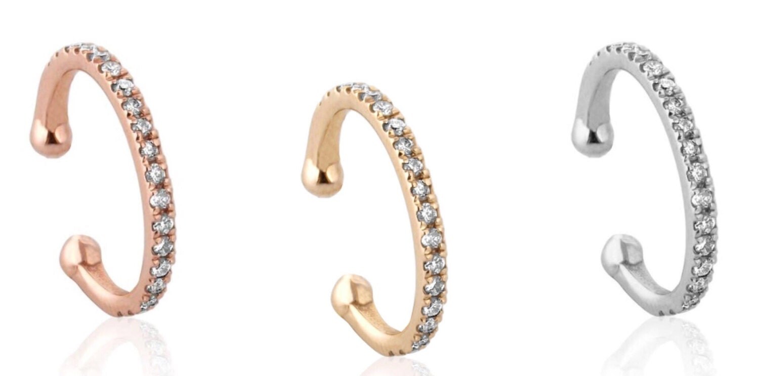 Set of 3 ear cuff helix diamonds yellow gold ear cuff solid