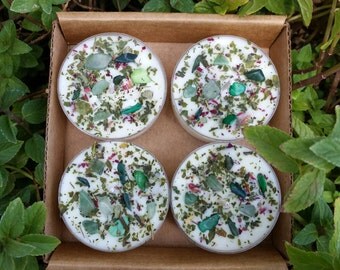 Crystal & Herb Tealight Candles (4) - Vegan Candles - Customized Tealights - Aromatherapy Candles - Perfect Gift - Unique Candles