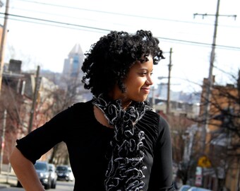 Black and silver Sashay Scarf, Black Ruffle scarf, ruffle scarves, black and silver scarf, handmade black scarf, scarves in handmade