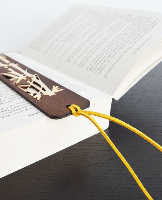 Unique Wooden Bookmark with Leather String, Laser Cut Walnut Bookmark with Birch Plywood Bamboo Inlay and Yellow Leather String