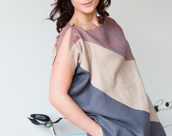 Asymmetrical Linen Dress, Business Linen Dress, Color Blocking Linen Dress, Linen Shift Dress, Knee-length Linen Dress, Beach Dress