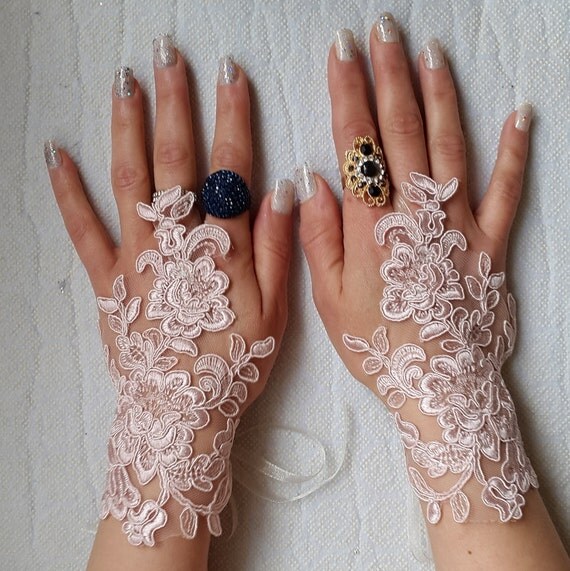 french lace pink lace wedding gloves by TheReflectionOfThe