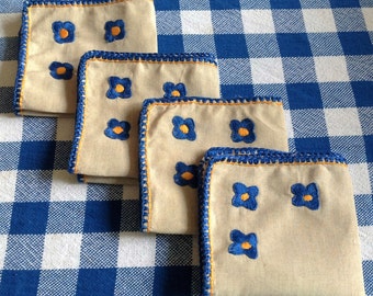 Small Cotton Napkins with Navy Blue & Yellow Embroidered Flowers and Border - Set of 4 - Afternoon Tea