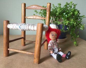 Wooden Doll Chair. Miniature Chair with Cloth Seat. Doll Furniture
