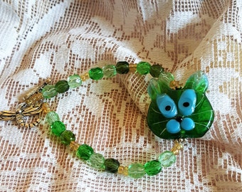 Sweet Kitty Cat bracelet lampwork and Czech Glass St. Patty Day green