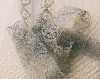 Vintage lace trim, hand dyed pale teal blue lace, 1/2" wide lace