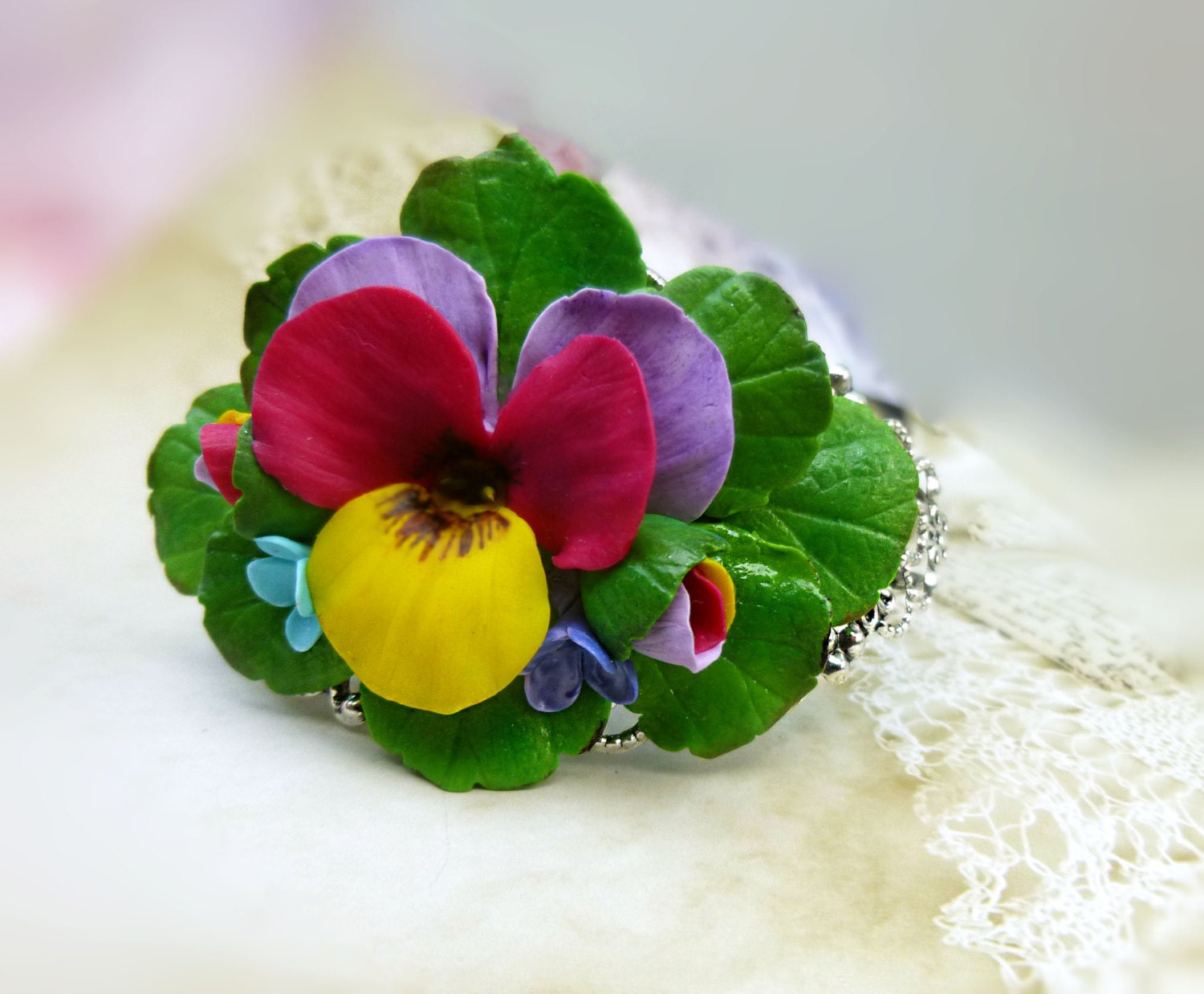 Flower bracelet Pansy Cuff Bracelet Colorful bracelet Floral