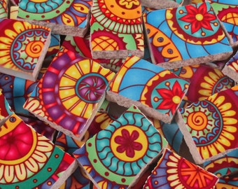 Ceramic Mosaic Tiles - Bright Colors Medallions Yellow Blue Pink Mosaic Tile Pieces - 40 Pieces - Mosaic Art / Mixed Media Art/Jewelry