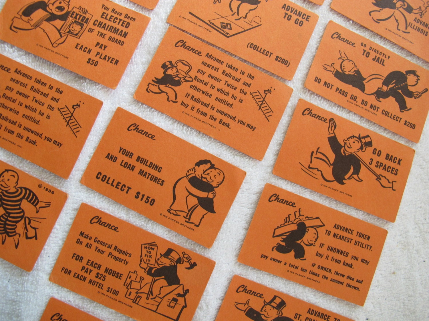 Vintage Monopoly Chance Cards set Of 16 Orange Monopoly Cards 