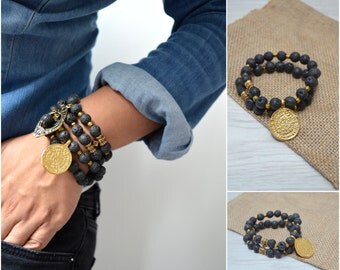 LAVA beads bracelet with Phaistos disc charm or teardrop pendant, bohemian bracelet, gypsy bracelet, gold beaded bracelet, greek jewelry