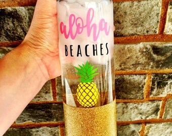 Aloha Beaches, Glitter Water Bottle, Glitter Tumbler, Summer Cup, Aloha Cup, Glitter Mason Jar, Beach Tumbler, Aloha, Pineapple mason jar