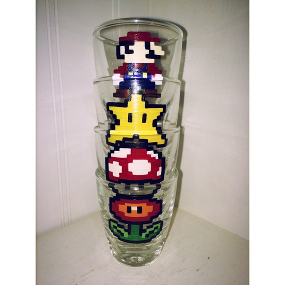 Hand painted Mario glasses hand painted shot by AGlassOfDesign
