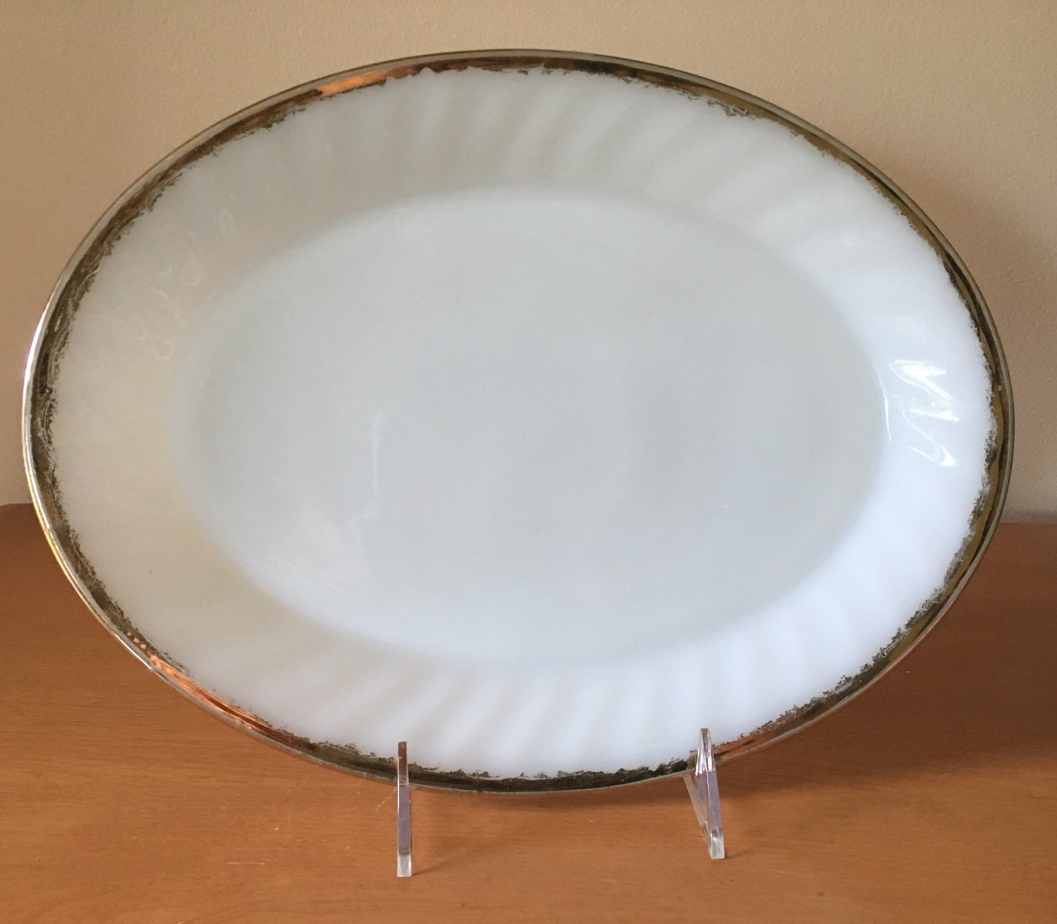 Fire King Milk Glass Swirl Platter with Gold Edge