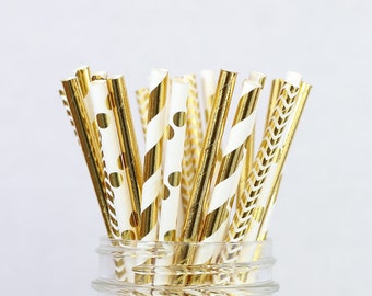 Gold Foil Paper Straw Mix - Bridal Shower Decorations, New Years Eve, Gold Foil Straws, Metallic, Wedding Party Decor, GOLD Party Supplies