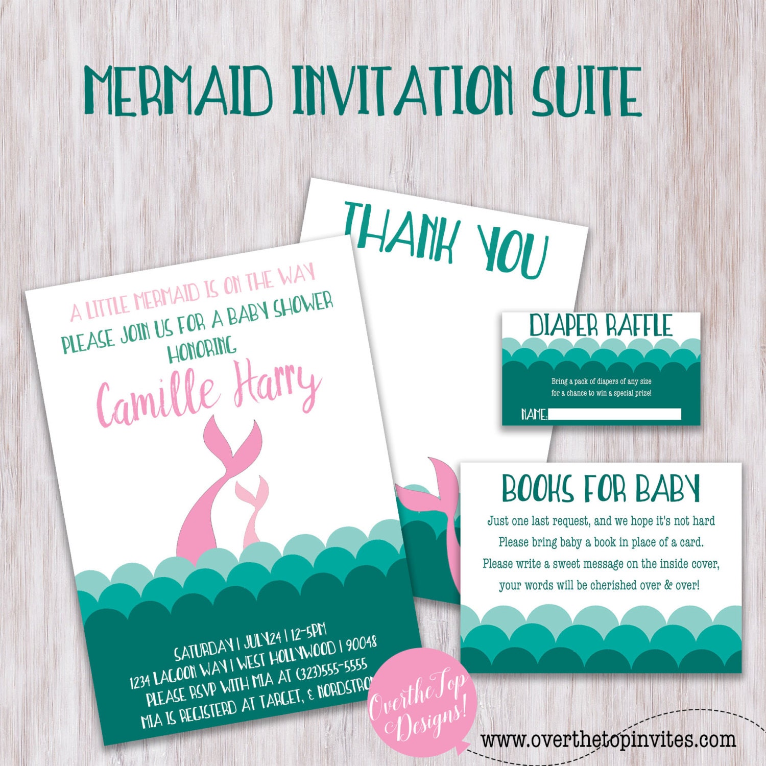 Mermaid baby shower invitation with Diaper Raffle and Books