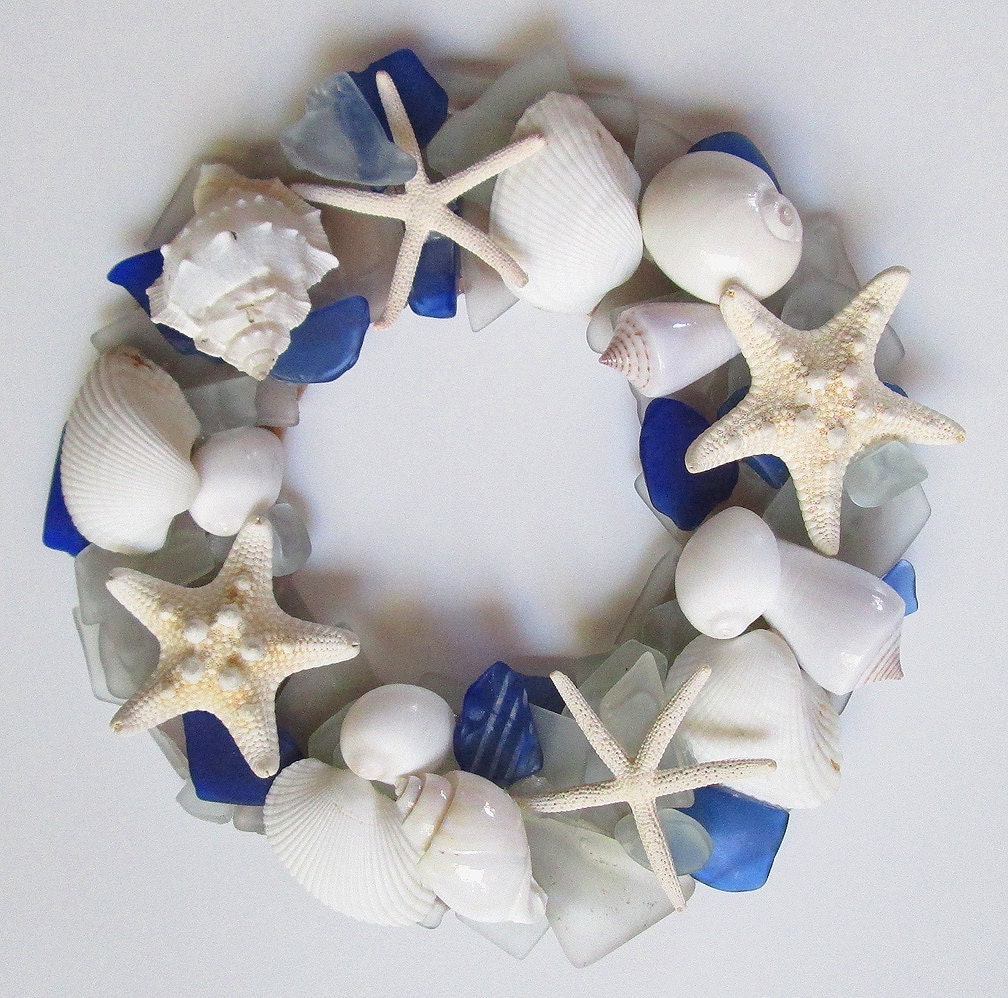 Wreath Sea Glass Cobalt Blue Tropical Shell Beach Ocean