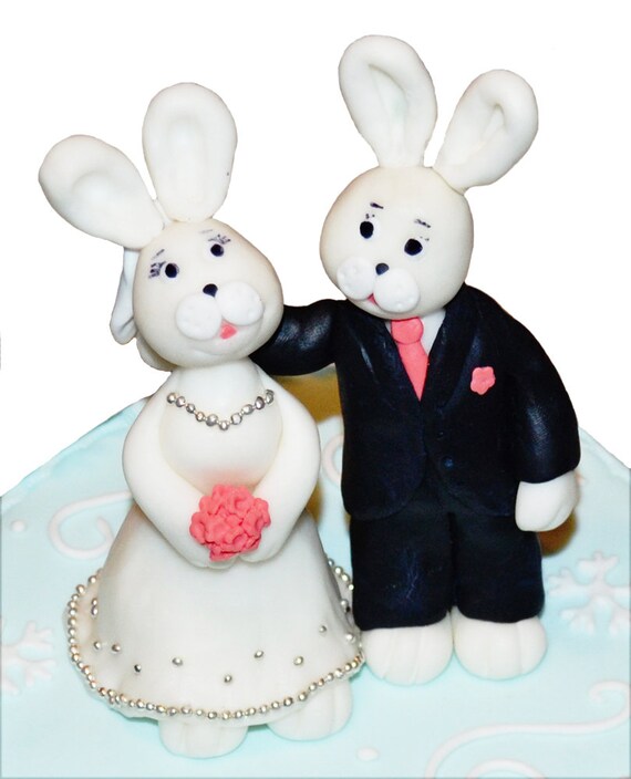 Wedding Rabbits bride and groom cake topper. Edible Rabbit