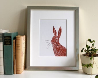 Linocut print Hare, original print, limited edition, brown, animal illustration, art, wall decor, handmade, printmaking, linoprint,