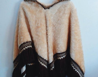 Poncho Classico Donna Con Cappuccio E Frange | Stile Bohemien Rosa Cipria - Taglia Unica