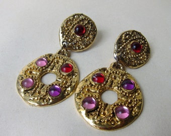 Clip earrings 1980 1990 Cabochons Gems Vintage gold tone