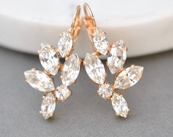 Bridal Earrings Rose Gold Swarovski Crystal White Diamond Leverback Marquise Drop Cluster Earrings Wedding Jewelry Bridesmaid Bride Classic