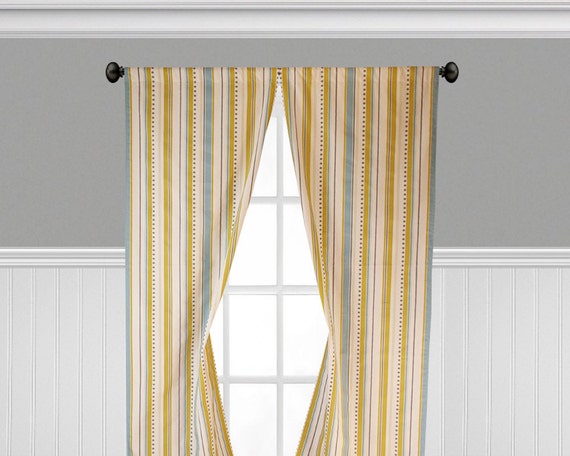 Yellow Blue Gray Curtains Stripe Window Treatments Shabby Chic