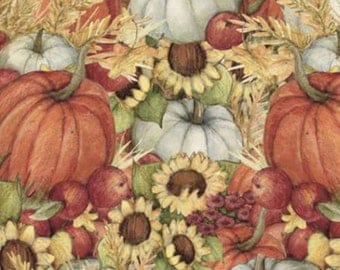 Autumn Scenic: Susan Winget Pumpkin field with Pumpkins and sunflowers 100% cotton Fabric by the yard SC514