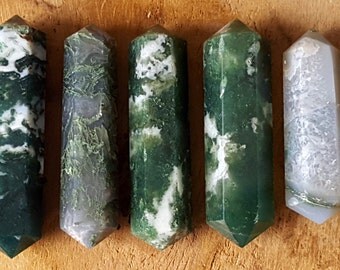 Moss Agate Double Terminated Point - Hand Cut Natural Stone Point for Crystal Grids or Terrarium 250
