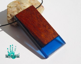 Resin necklace Epoxy resin wood and resin pendant Mahogany blue necklace resin and wood necklace wood jewelry Resin jewelry