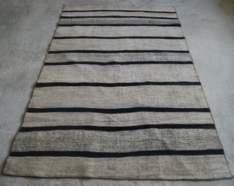Black Striped Kilim Rug , Modern Patchwork Rug ,