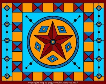 Unique paint by number kit for adults & teens, 107/3 'Folk Art Star' (turquoise center), 8.5"x11", made in the USA