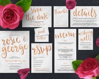 Printable Wedding Invitation Set | Rosie Set | Marble Rose Gold Wedding Invite | Wedding Invitations | Save the Date | RSVP | Wishing Well