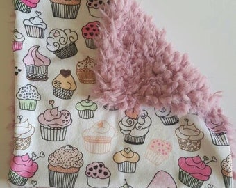 Pink Cupcake security blanket.Lovey Blanket.Cupcake nursery.Girl baby shower gift.Cupcake security blanket.Designer Minky.Baby blanket
