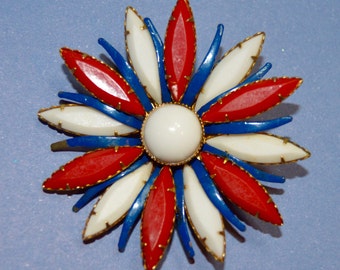 Vintage Red, White & Blue Flower Brooch