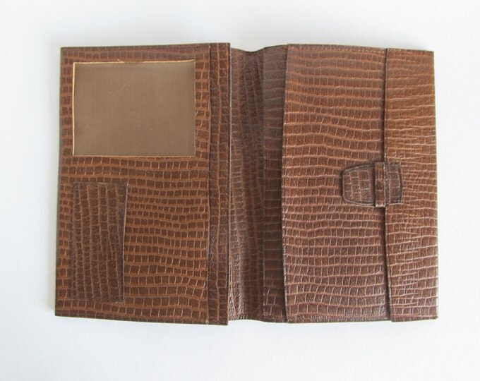 Vintage travel wallet, passport cover, brown leather faux croc travel accessory, train plane auto journey folder, ticket sleeve