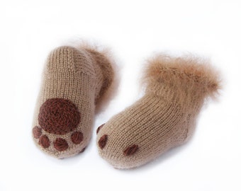 Baby socks Soft Knitted baby booties Brown wool socks Kitten paws booties Baby shower gift