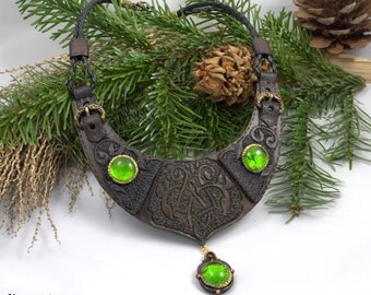 Necklace jewelry Polymer clay Necklace Fantasy Brown Green Nuggets Celtic patterns Imitation leather