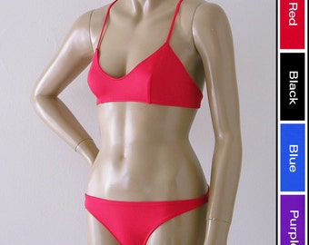 X Back Ballet Top and Brazilian Bikini Bottom Two Piece Bikini in Red, Black, Blue, or Purple in S.M.L.XL.